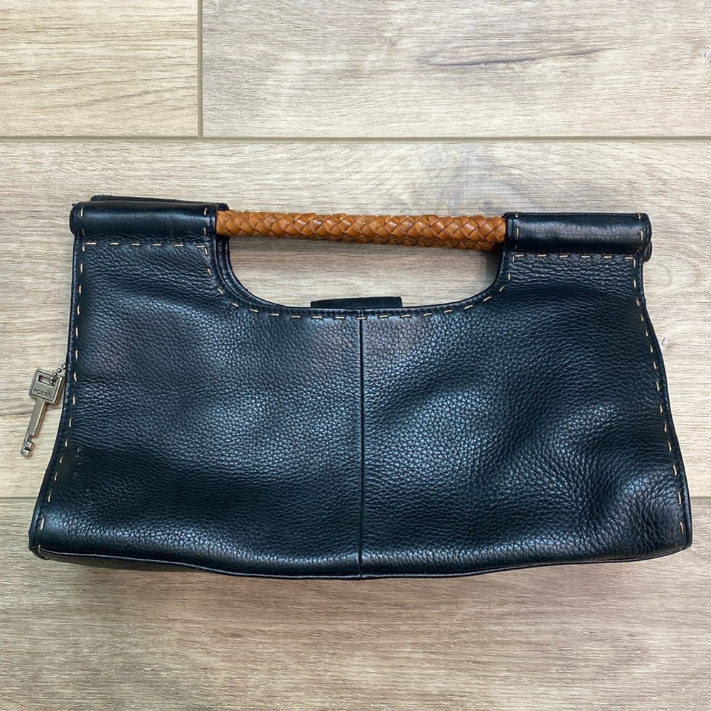 Fossil Black Leather Clutch with Brown Braided Handle